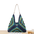 Handgefertigte geometrische Web-Tote Bag in Dunkelblau und Grün mit braunem Lederriemen - Blau