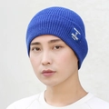 Navy blue ribbed knit beanie with sequin accents and side decorative patch - Royal Blue