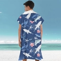 Men's hooded beach poncho featuring shark and starfish print in dark blue microfiber - Pullover Style - Dark Shark Group
