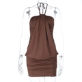 Detail of ruched bodycon mini dress featuring halter neck and draped cowl neckline - S / Brown