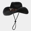 Detail of black woven cowboy hat with brown leather band and silver bull head emblem - Black