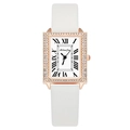 Elegant square rose gold watch with white crystal bezel and white leather strap - White