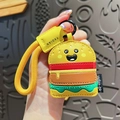 Creative hamburger leather keychain charm with cartoon smiley face and yellow wrist strap - Hamburger