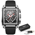 Montre sport carrée pour homme avec cadran ajouré, bracelet silicone et coffret cadeau - Argent Noir
