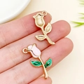 Pink rose alloy pendant with enamel finish for DIY jewelry making and keychains - 25x13mm Rose with Green Leaves