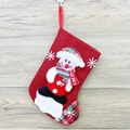 Red linen Christmas stocking with snowman decor and plaid trim on wooden background - Linen Medium Stocking (Snowman Style)