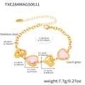 Pulsera corazón de acero dorado con dijes de vidrio checo rosa y cadena ajustable - Pulsera de piedra de vidrio rosa dorado