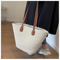 Minimalist beige woven cotton tote bag with premium brown faux leather shoulder straps - No Zipper / Off White