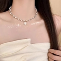 Elegant pearl necklace featuring a white camellia flower pendant and golden metallic beads - 81#X3247 (Camellia Artificial Pearl Necklace)