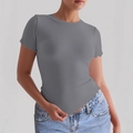Women's slim fit grey yoga t-shirt with lettuce trim sleeves and hem in knit fabric - Gray