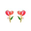 Rosa und rote Tulpen-Ohrringe mit weißen Perlen und Gold-Metall-Finish - Rot-rosa Farbverlauf-Tulpe (7883)