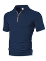 Detailed view of navy polo shirt showing zip neckline and waffle texture fabric - S / Navy Blue