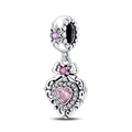 Close-up of silver pendant featuring a pink heart gem and delicate floral bow charms - Sweet Heart Pendant