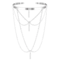 Detail of silver multi-layer chain choker with rectangular metallic pendants - Rectangular Charm Tassel Style (2496)