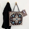 Ethnic embroidery canvas tote bag with retro floral pattern and striped handles - Style 5