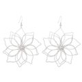 Macro detail of silver hollow flower drop earrings with wire woven texture and hooks - Silver Flower Earrings (N-050)
