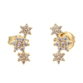 Elegant gold drop earrings featuring three stacked six-petal flowers with white zircon stones - Gold - White Zircon