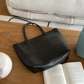 Minimalist black woven straw tote bag with thin dual handles and checkered texture - Large / Black