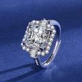 Silver square-cut solitaire ring with micro-pave halo and diamond-set band on dark background - Cuboid [white Gold] Ljz-161 / Adjustable Open
