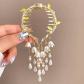 Elegante pinza per capelli con nappe di mughetto dorato, foglie gialle e strass - J101 Mughetto Sette Nappe Molletta a Griffe