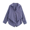 Blue and white pinstriped long sleeve shirt with asymmetric hem and chest pocket - XS / Blue Striped