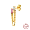 S925 sterling silver gold stud earring with pink and clear rectangular crystals and chain - Single Gold-4 Layer White+Rose Red Zirconia Tassel