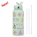 Pale green 1L stainless steel water bottle with cartoon stickers and handle - Light Green 28C