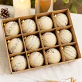Set of 12 cream Christmas ornaments with pearls and silver glitter in a gift box - 6cm / Off-White Flocking Balls (12pcs)