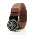Brown woven canvas belt for men featuring a black metal automatic buckle with a crystal cross - Gun F151 Round Rhinestone Cross (Coffee)