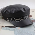 Classic black PU leather beret with dual metal chains and smiley face charm detail - Flat Top with Smiley Pendant / Black