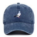 Navy blue washed cotton baseball cap with embroidered pigeon bird design for men and women - Navy Blue
