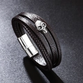 Bracciale multistrato in pelle intrecciata marrone stile punk con teschio argento - 21.5cm / Marrone
