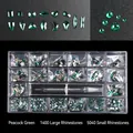 Emerald green 6440pcs glass nail art rhinestone kit in 21-grid box with picker dotting pen - Peacock Green (1400 Big + 5040 Small)