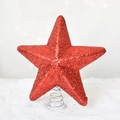 Cime de sapin de Noël en forme d'étoile rouge scintillante avec base à ressort argentée - Rouge Uni