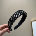 Detailed close-up of a woven black headband featuring silver sequins and gold thread accents - Padded Headband / 3CM Wide / Black + Overlapping Sequins