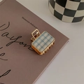 Close-up of a square gold metal claw clip with blue and beige checkerboard patterns - Blue Plaid - Square