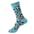 Cotton mid-calf socks in turquoise blue with green leaf and red stem plant pattern - 1054 Light Blue Leaf