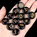 Lot de 12 pierres du zodiaque en agate noire avec symboles gravés dorés en main - Obsidienne (12 Pcs)