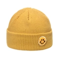 Detail of yellow ribbed knit beanie with a textured plush smiley face patch for winter - M(56-58cm) / Yellow