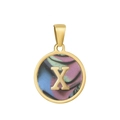 Pendentif rond plaqué or 18k avec lettre X et motifs émaillés marbrés colorés - X-Coquille Multicolore
