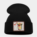 Detail of black knit beanie featuring a macaron-themed drink embroidery patch - Style 4-Colorful Juice