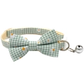 Green checkered pet collar with daisy pattern, bow, and bell for small cats or dogs - Bowknot Style / Green Daisy Gingham