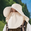 Beige wide brim sun hat with neck protection and breathable face mask for outdoor use - Beige