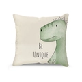 Linen pillowcase with cute green watercolor dinosaur and Be Unique text - T-Rex