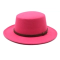 Chapeau canotier en laine rose vif avec un ruban décoratif en cuir tressé marron - M (56-58cm) / Rose rouge