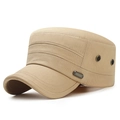 Khaki flat top military cap in cotton with side metal eyelets and fashion logo plate - Beige