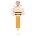 Bee-shaped plush pacifier clip with beech wood clasp and yellow linen strap - Bee