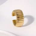 Wide striped gold stainless steel open ring with textured relief design in 45-degree view - Gold