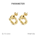 Macro shot of gold knot stud earrings with 17x13mm dimensions and 5g weight data - Round Tube Knot Style (KE113797-KFC) / Gold
