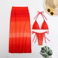 Detail of red gradient mesh three-piece bikini set with long beach cover-up skirt - S / Red